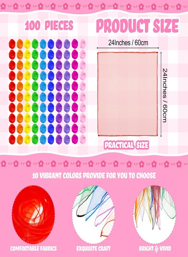 Toulite مجموعة تولايت من 100 قطعة من أوشحة الرقص المربع، أوشحة حريرية للعب والتلاعب، مقاس 24 × 24 بوصة، إكسسوارات دعائم عروض الرقص والحركة الموسيقية (ألوان كلاسيكية). - Image 2